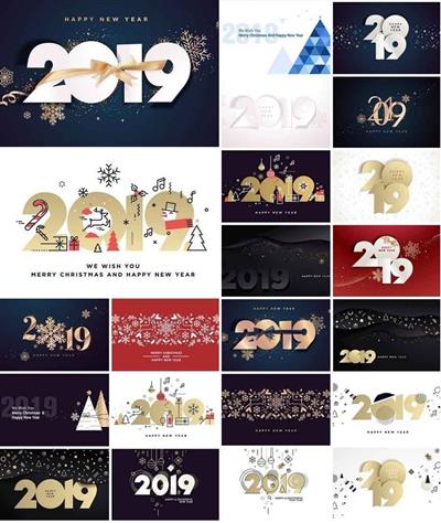 Happy New Year 2019 Vector Card Bundle 2
