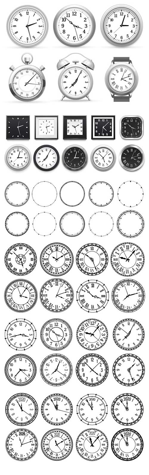 Realistic clock, modern white round wall clocks, black watch face and time watch 