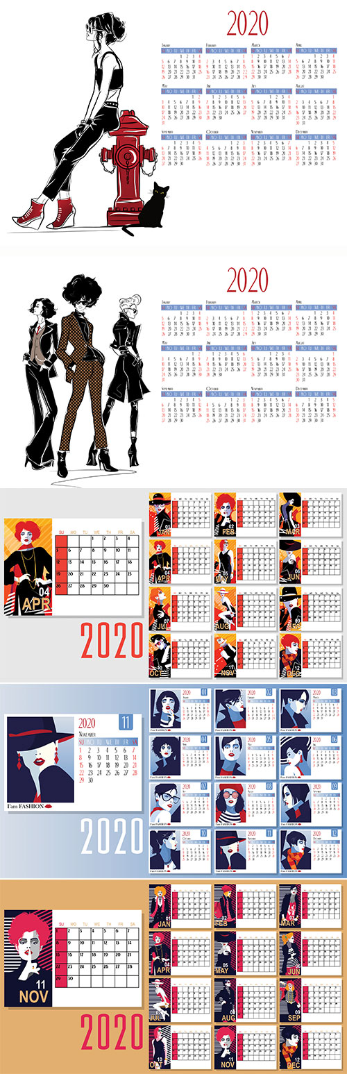 Vector of 2020 new year calendar with fashion women in style pop