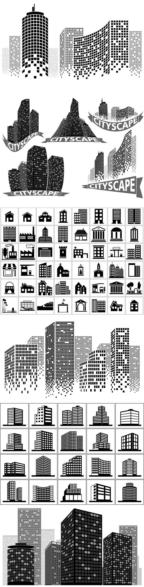 Cityscape set - buildings and city scene illustrations vector